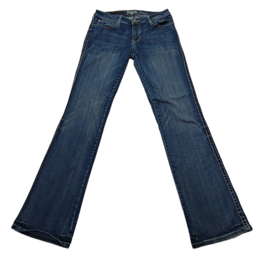 Wrangler Rock 47 Bootcut Low Rise Jeans Women 28x34 Blue Denim Stretch Western